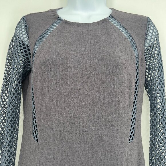 Rebecca Taylor  Charcoal Gray Mesh Panel Long Sleeve Flounce Dress - Size 0 - Picture 2 of 10